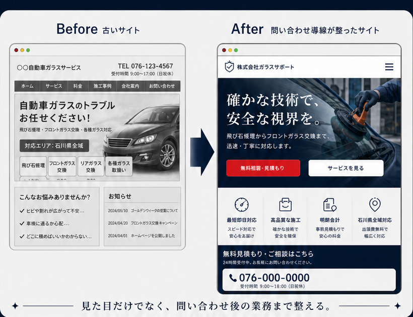 自動車ガラス修理会社向けLPのスマホ版Before Afterモック