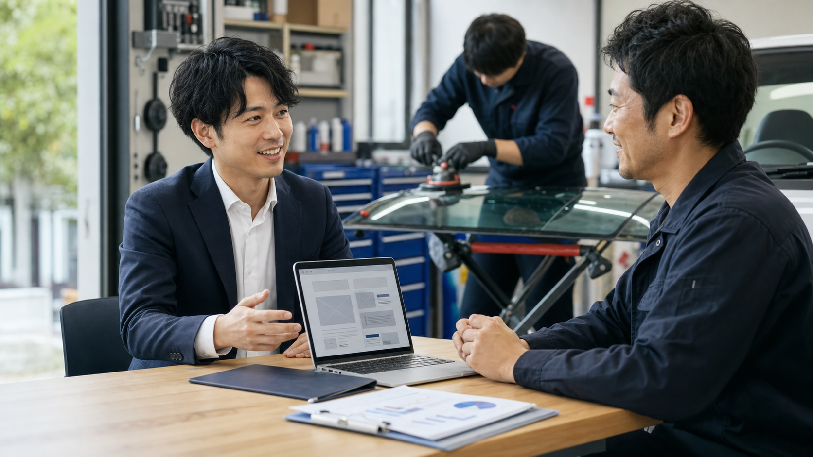 自動車ガラス修理会社の担当者とWebAIラボが集客LPとSEO改善を相談している様子